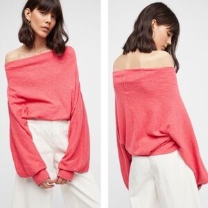 FREE PEOPLE WE THE FREE Skyline Pink Thermal Off The Shoulder Sweater Top L